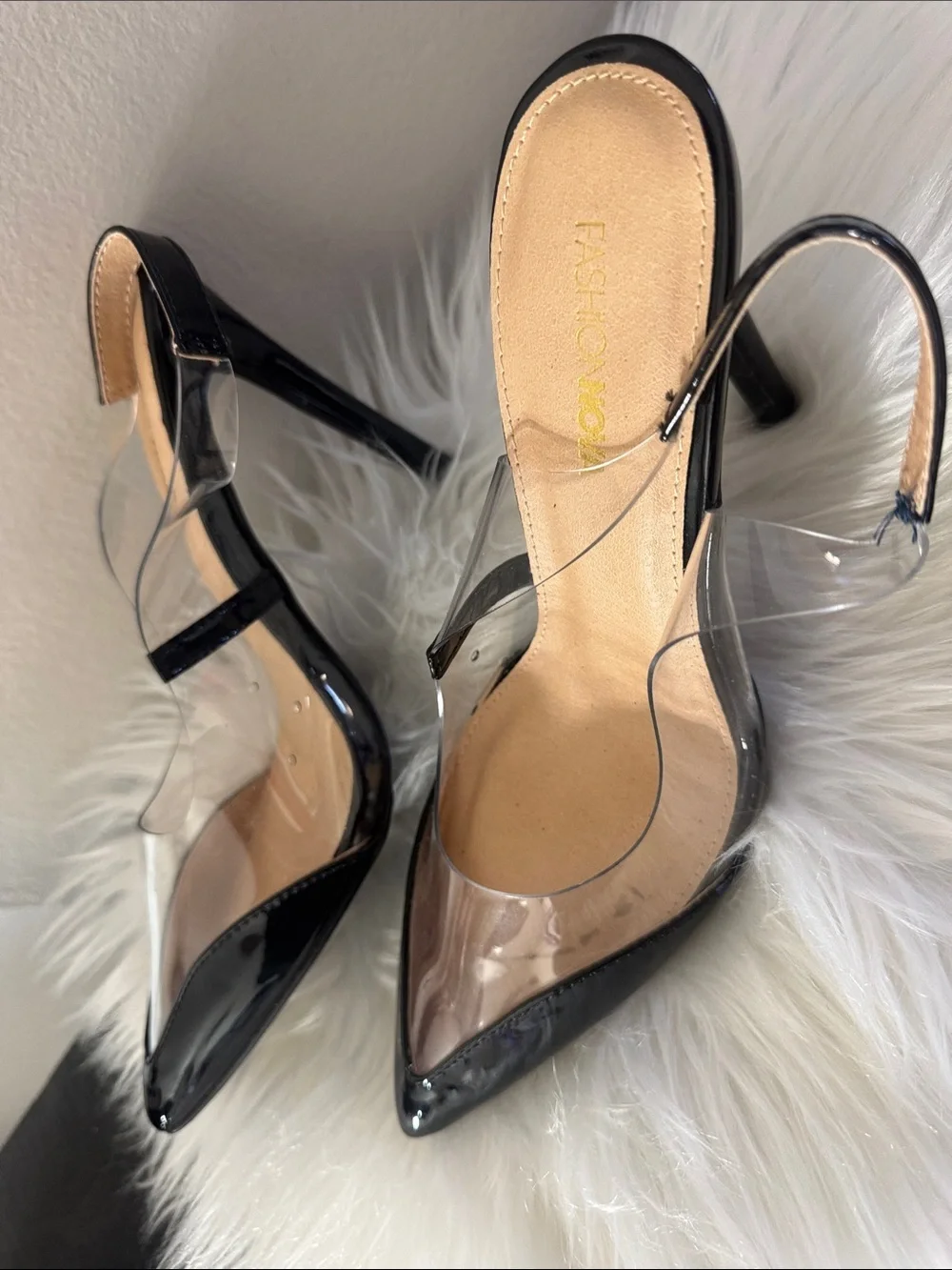 Fashion Nova Black Patent Pointed Slingback Heels with Clear PVC